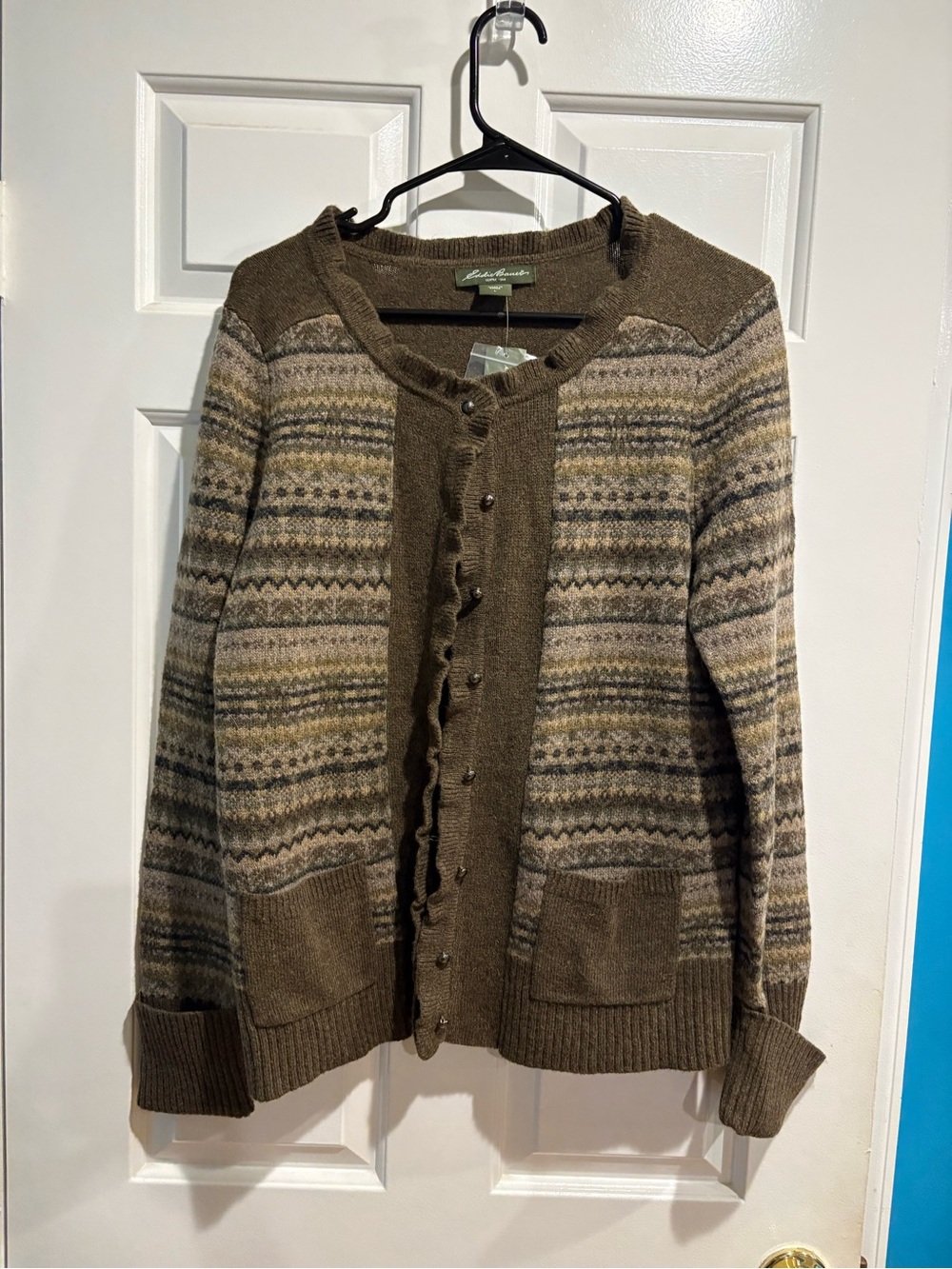 Eddie Bauer wool blend fair isle cardigan brown L new NWT grandmacore sweater